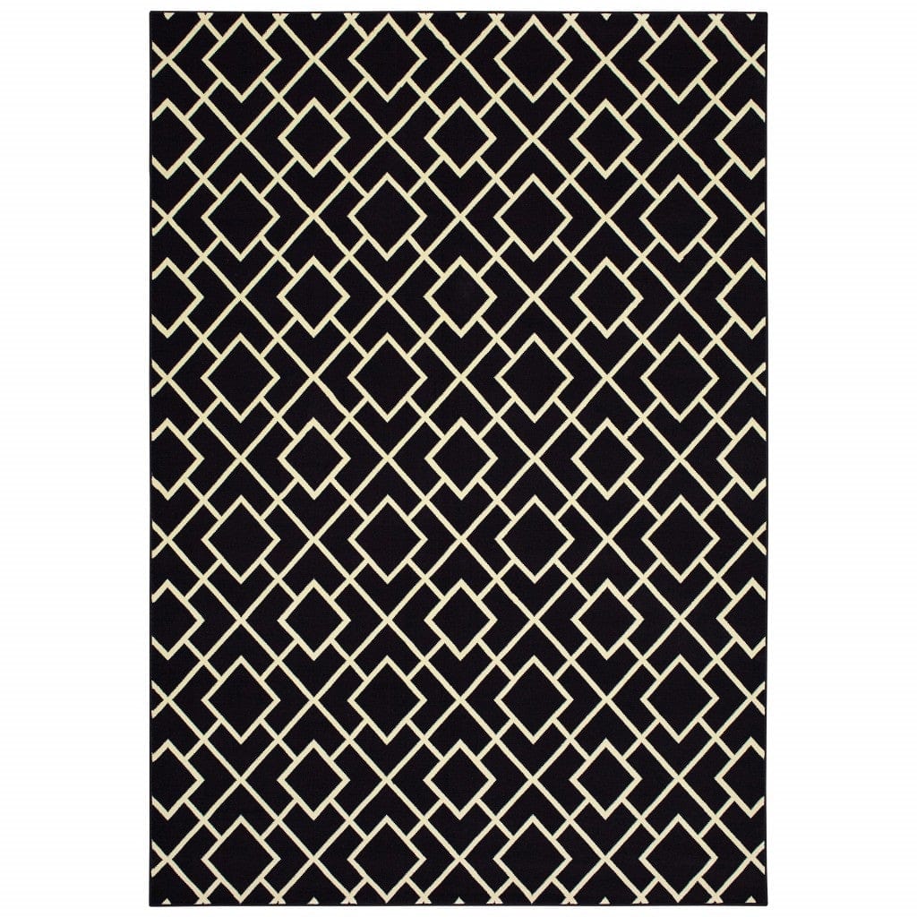 8' Black Ivory Machine Woven Geometric Diamonds Indoor Runner Rug