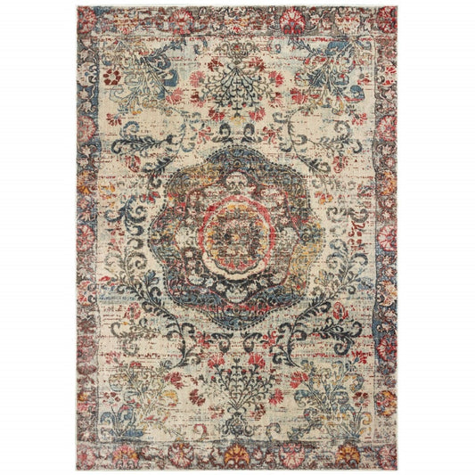 4’X6’ Ivory Distressed Medallion Area Rug