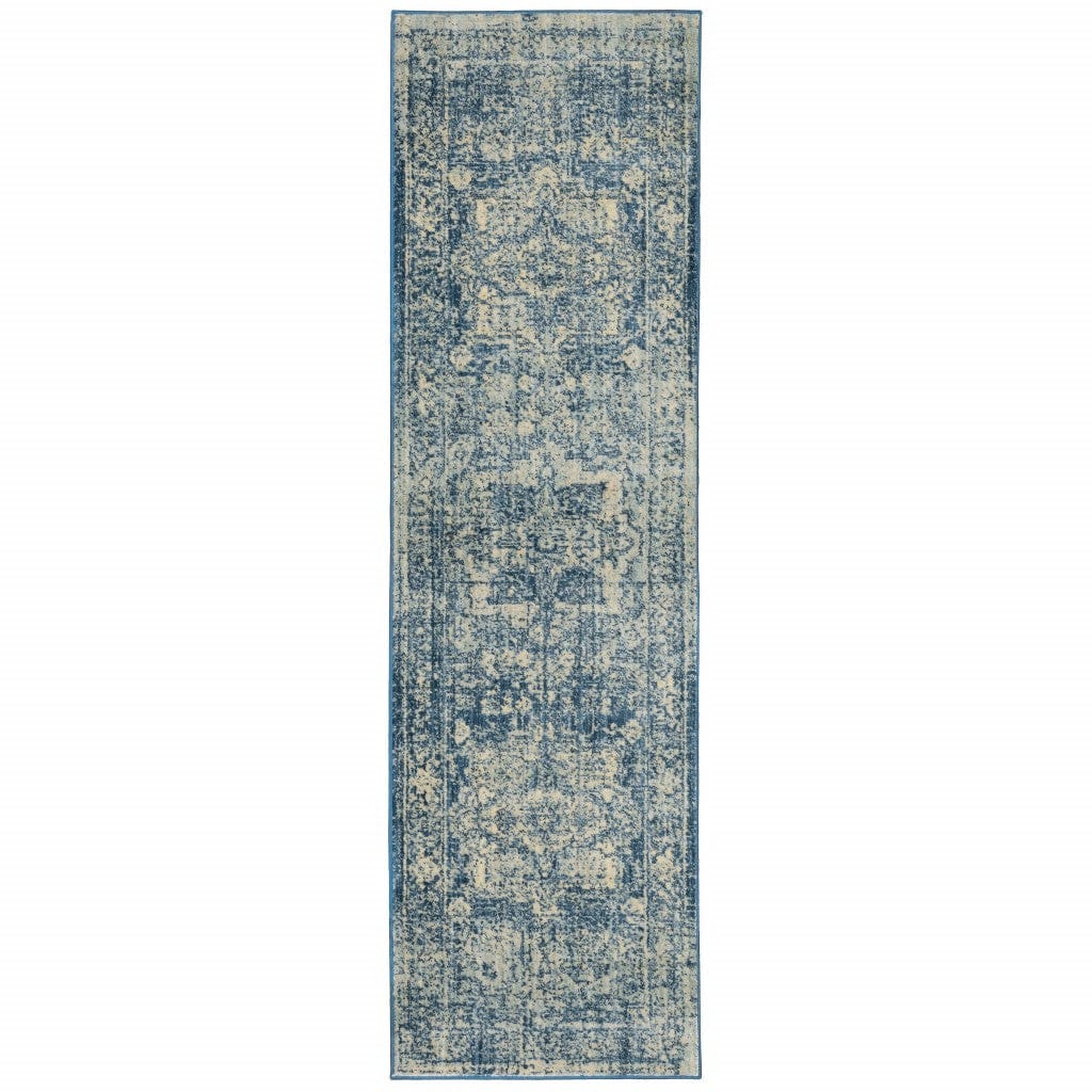 2’X8’ Ivory And Blue Oriental Runner Rug