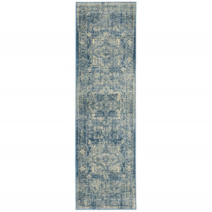 2’X8’ Ivory And Blue Oriental Runner Rug