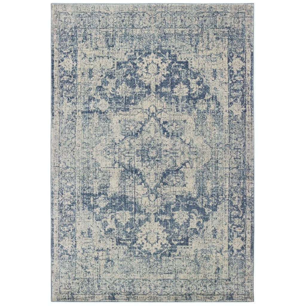 2’X8’ Ivory And Blue Oriental Runner Rug