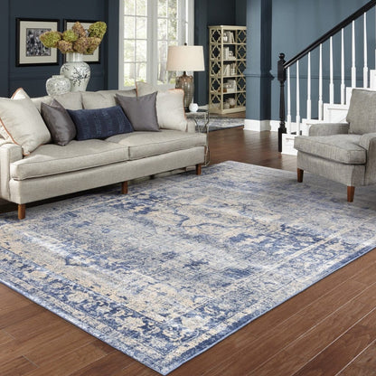 2’X8’ Ivory And Blue Oriental Runner Rug