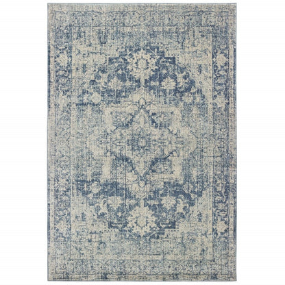 2’X8’ Ivory And Blue Oriental Runner Rug