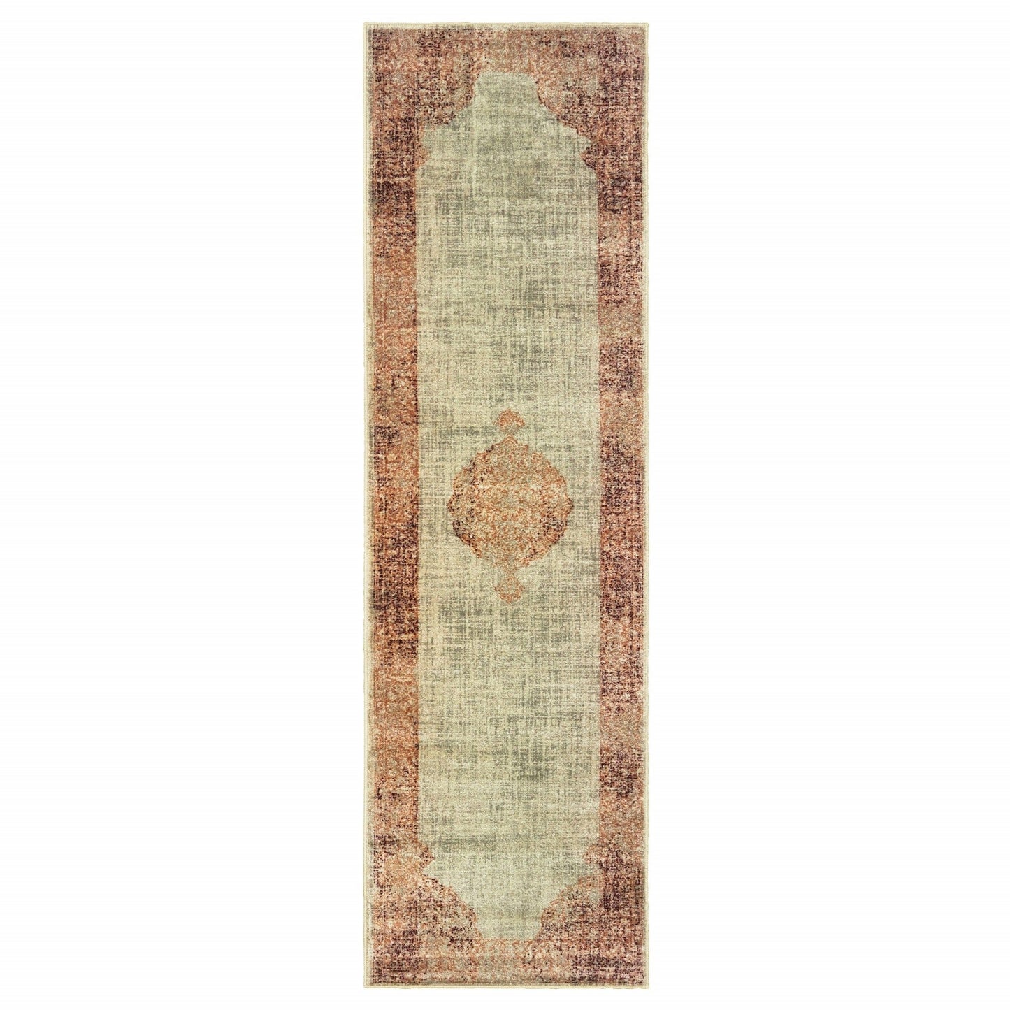 2’X8’ Ivory And Pink Medallion Runner Rug