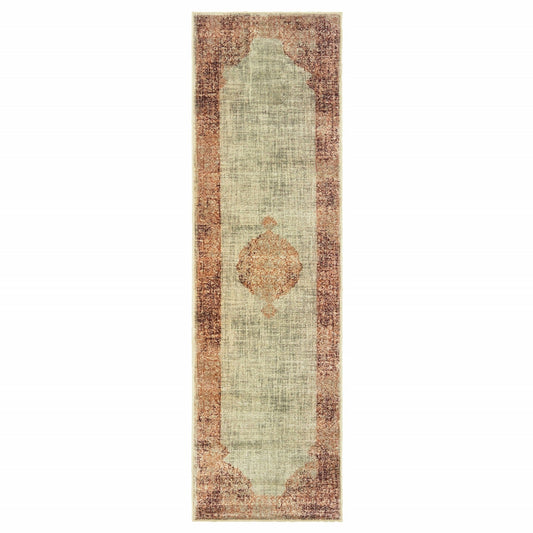 2’X8’ Ivory And Pink Medallion Runner Rug