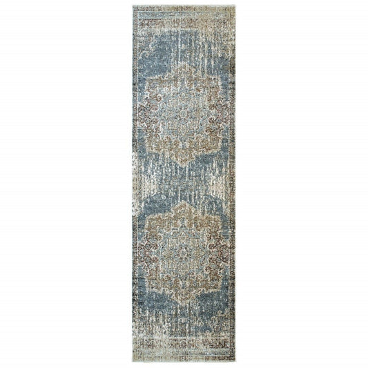 2’X8’ Blue And Ivory Medallion Runner Rug