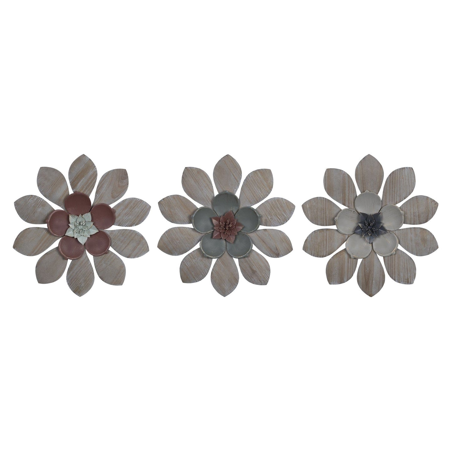 Set Of Three Wood And Metal Flower Wall Decor