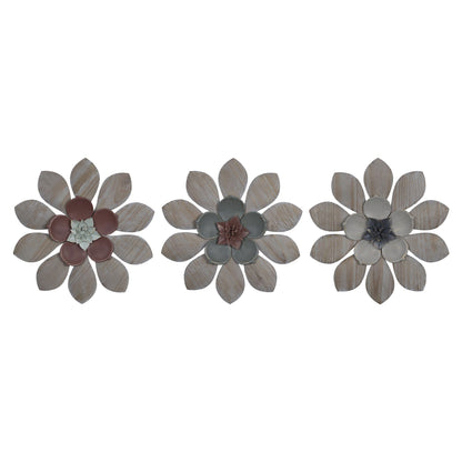 Set Of Three Wood And Metal Flower Wall Decor