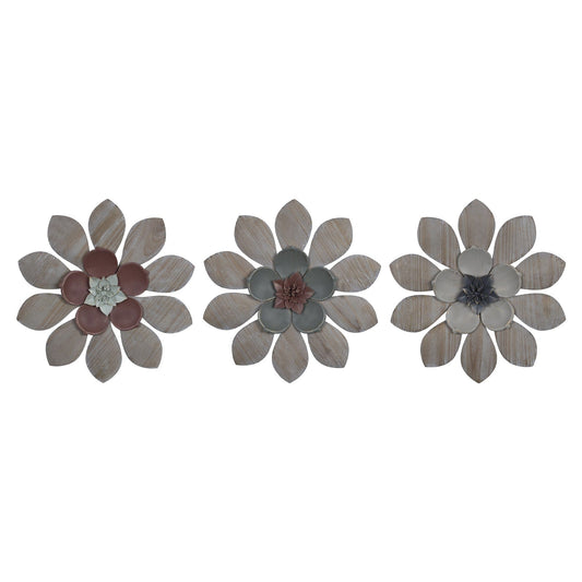 Set Of Three Wood And Metal Flower Wall Decor
