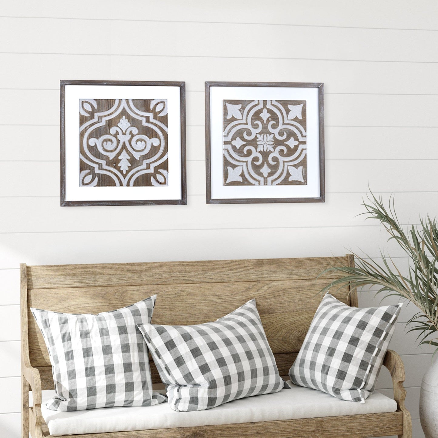 Wooden Gray And Beige Geometric Tile Wall Plaque