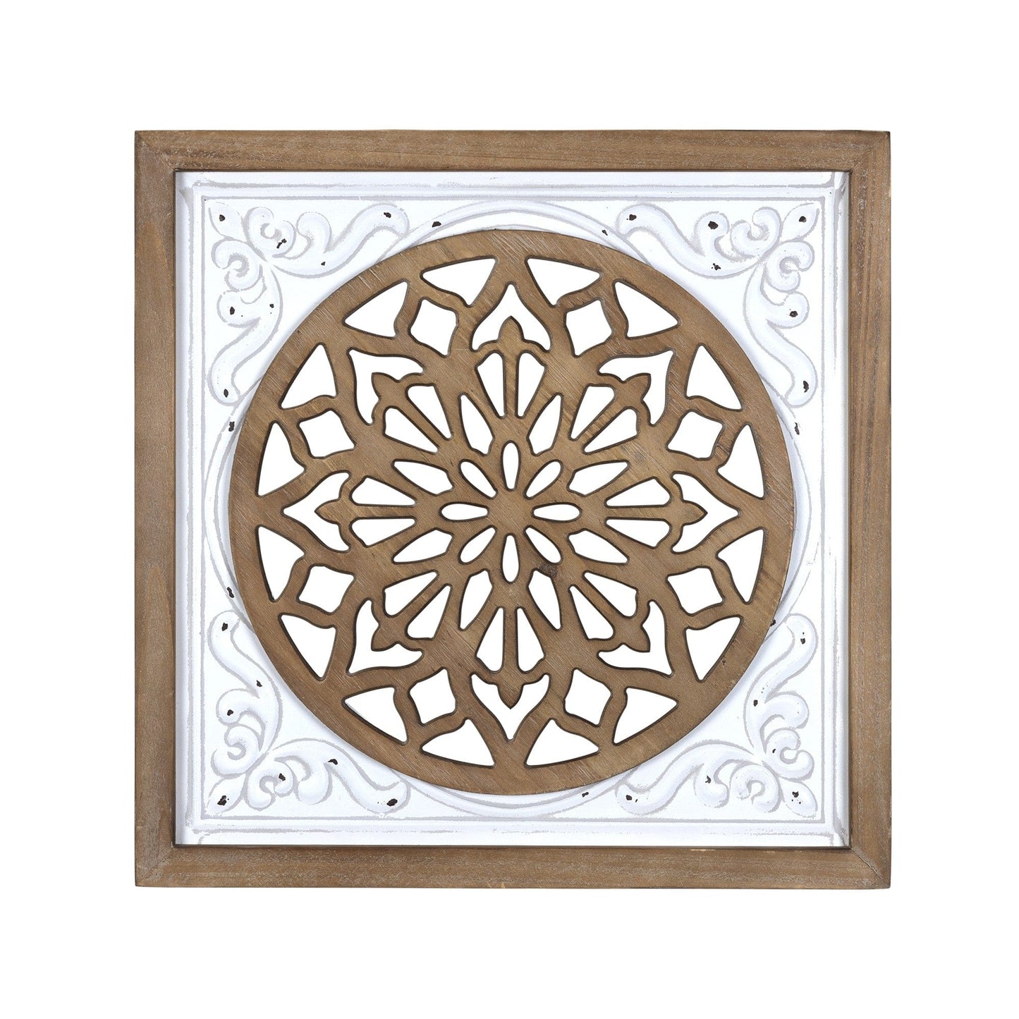 White Ethnic Wood And Metal Square Wall Plaque