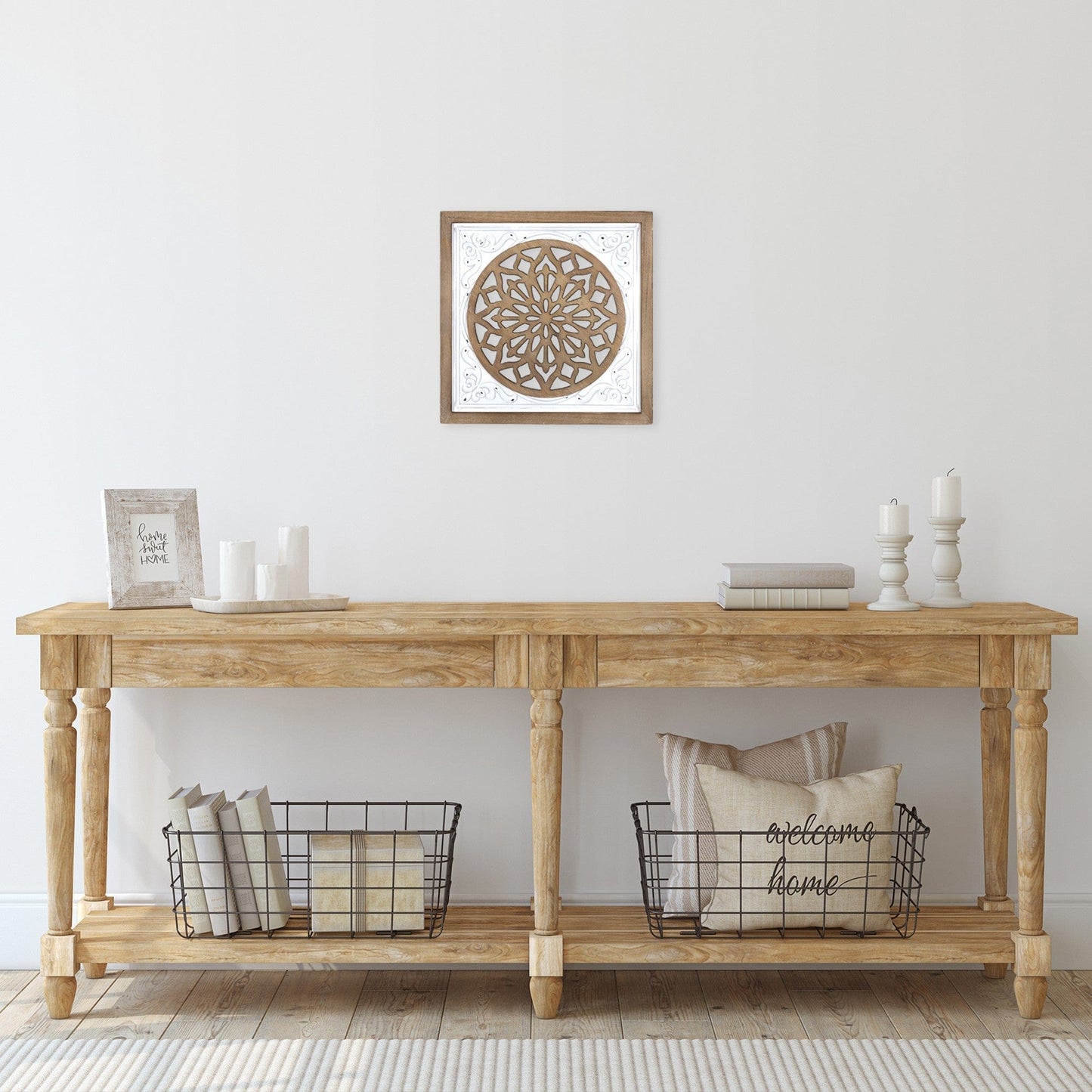 White Ethnic Wood And Metal Square Wall Plaque