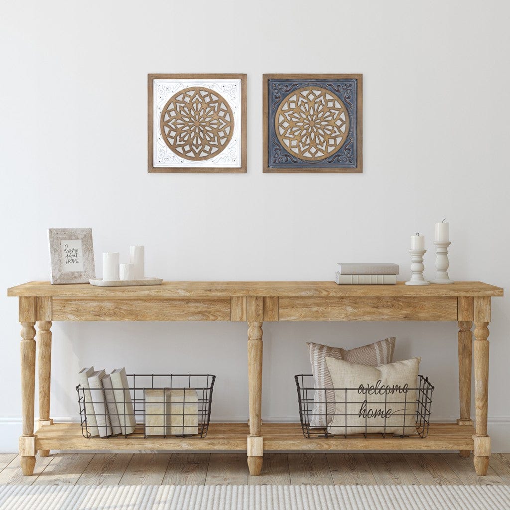 White Ethnic Wood And Metal Square Wall Plaque