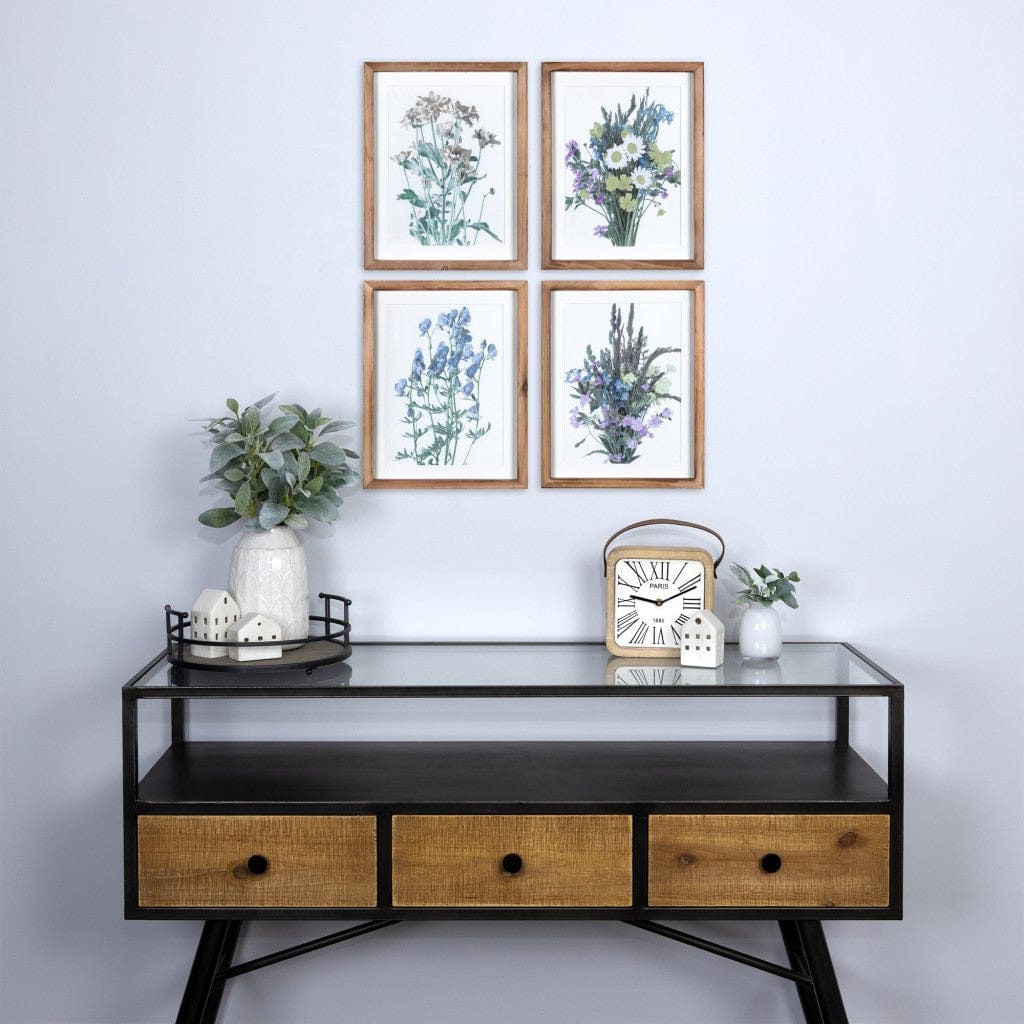 Set Of Four Floral Print Wooden Frame Wall Art