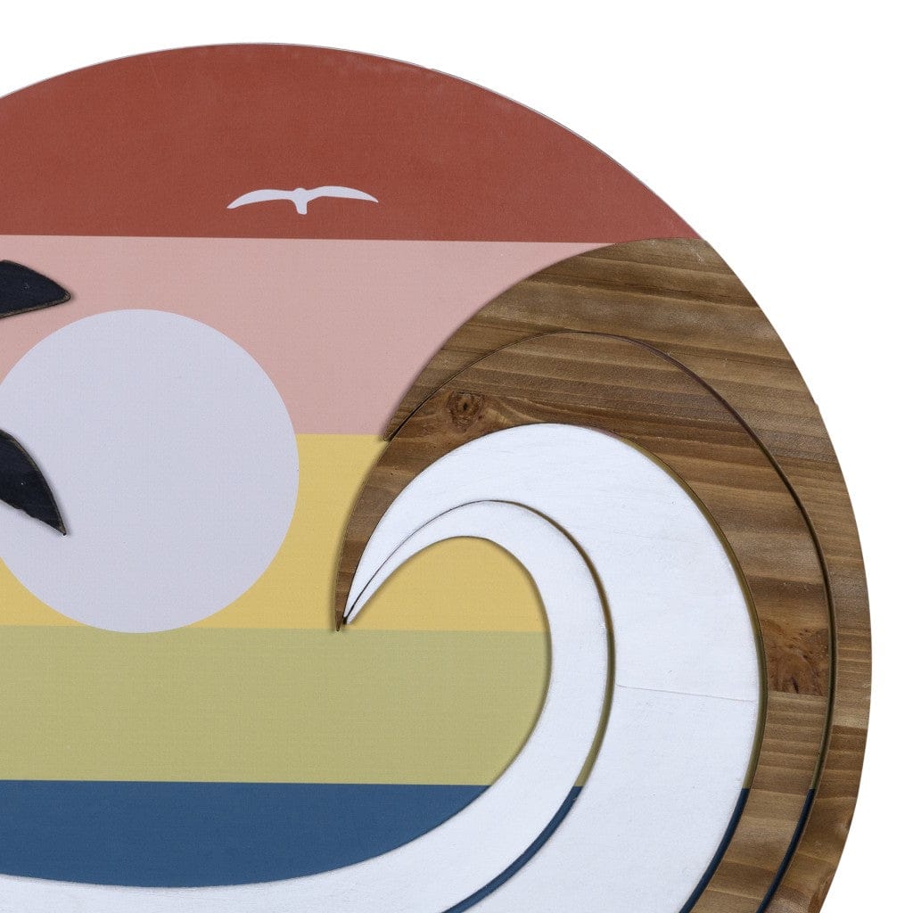 Round Wooden Sunset Wave Wall Art