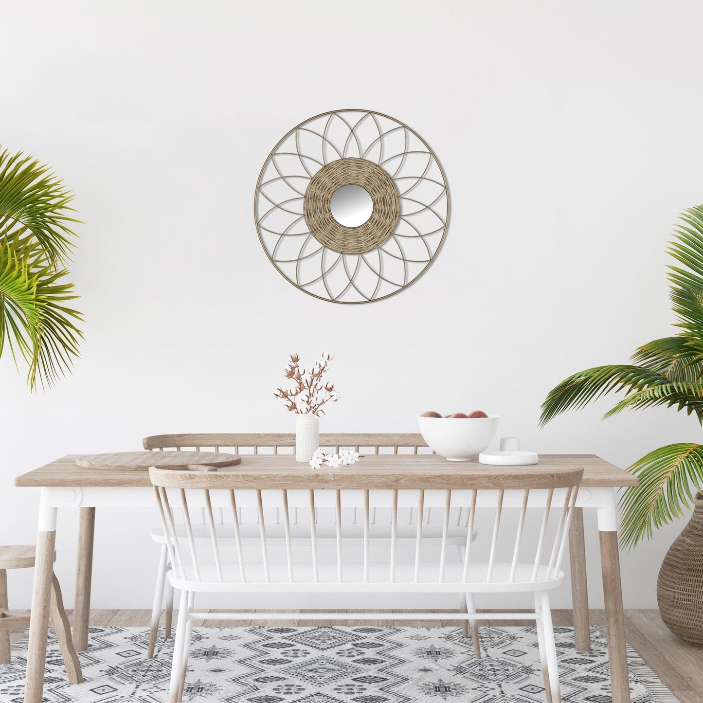 Wooden Sunflower Round Wall Mirror