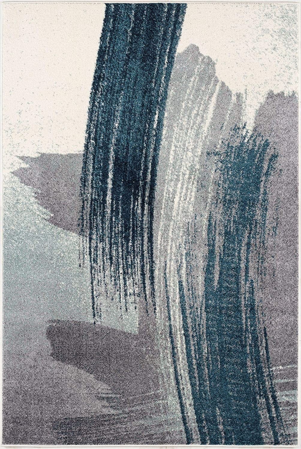 7’ X 9’ White And Blue Abstract Strokes Area Rug