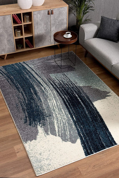 7’ X 9’ White And Blue Abstract Strokes Area Rug