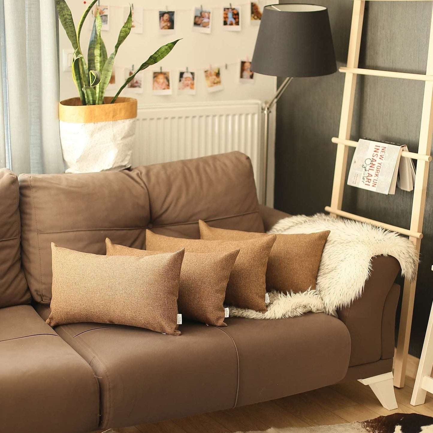 Set Of 4 Tan Jacquard Lumbar Pillow Covers