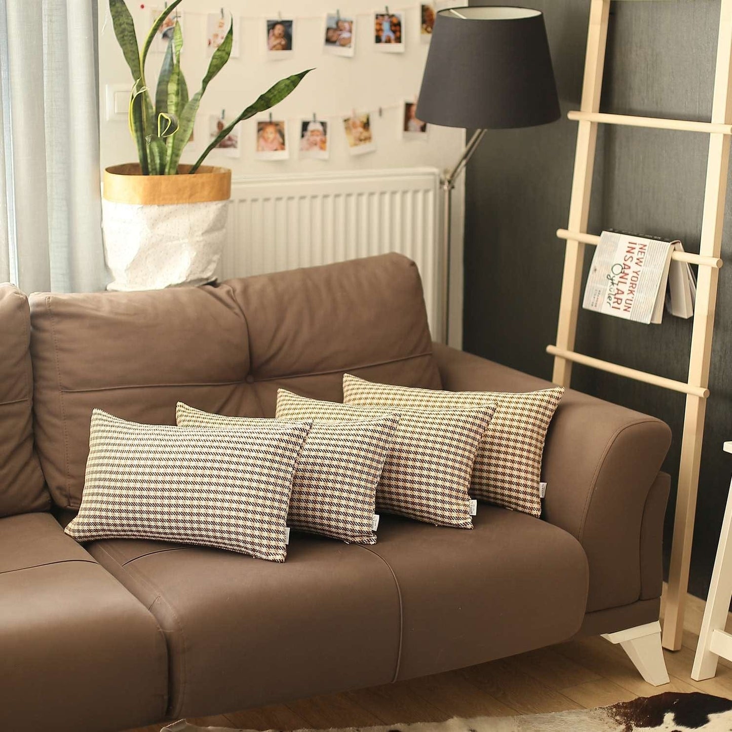 Set Of 4 Peach Houndstooth Lumbar Pillow Covers