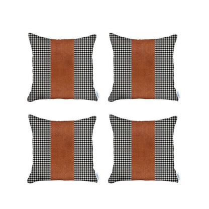 Set Of 4 Black Checkered Faux Leather Pillow Covers
