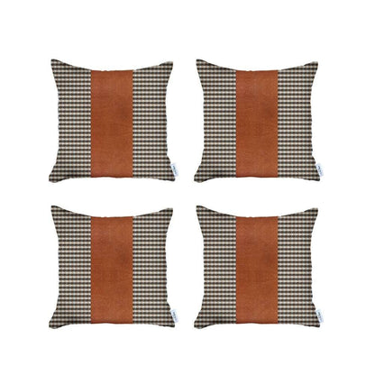 Set Of 4 Brown Checkered Faux Leather Pillow Covers