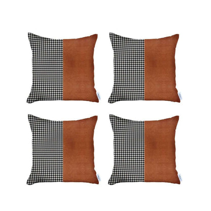 Set Of 4 Brown Faux Leather Pillow Covers