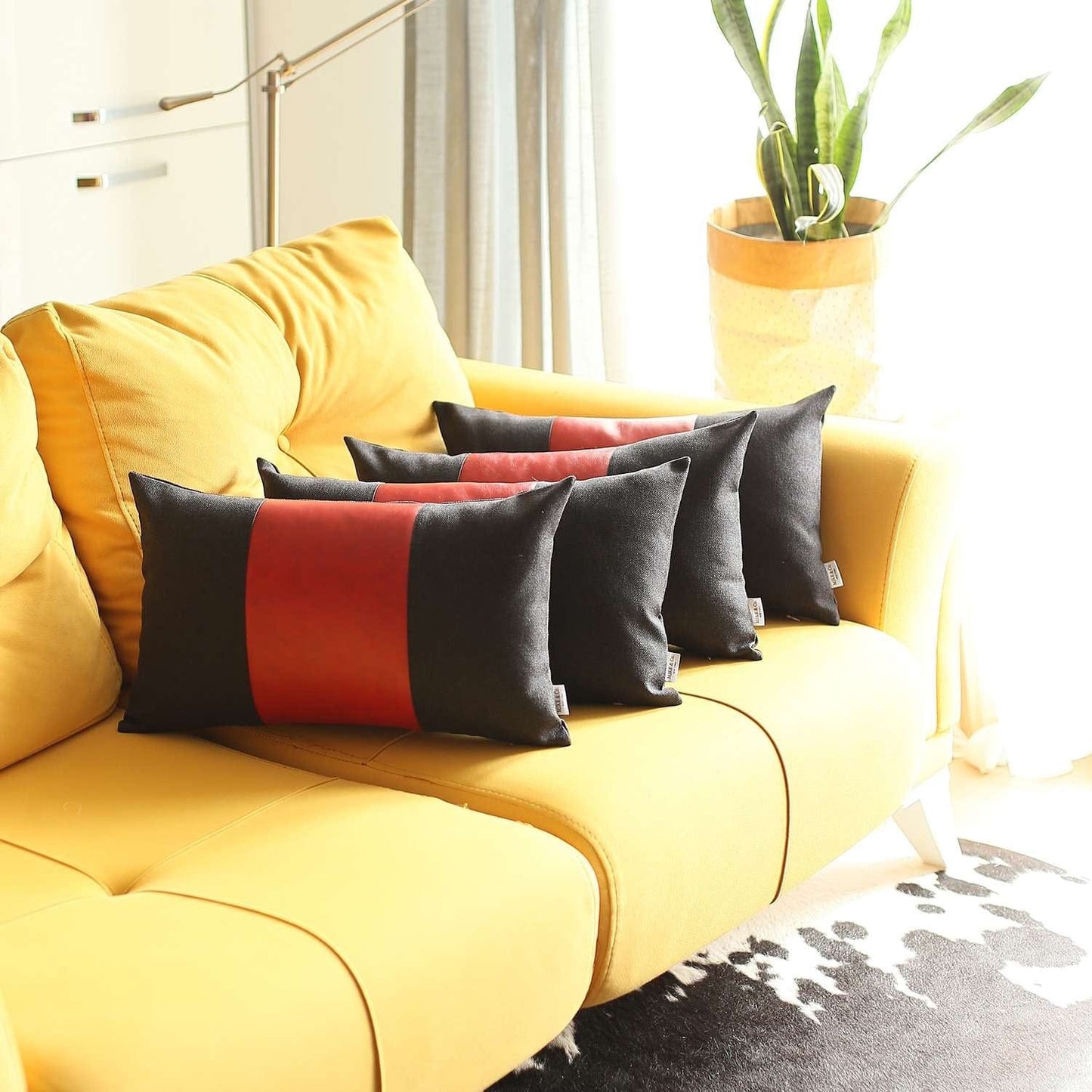 Set Of 4 Red Faux Leather Lumbar Pillow Covers