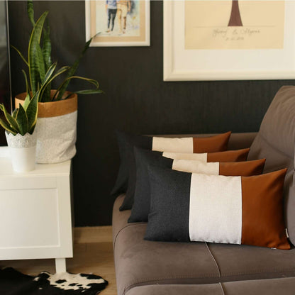 Set Of 4 Brown Faux Leather Lumbar Pillow Covers