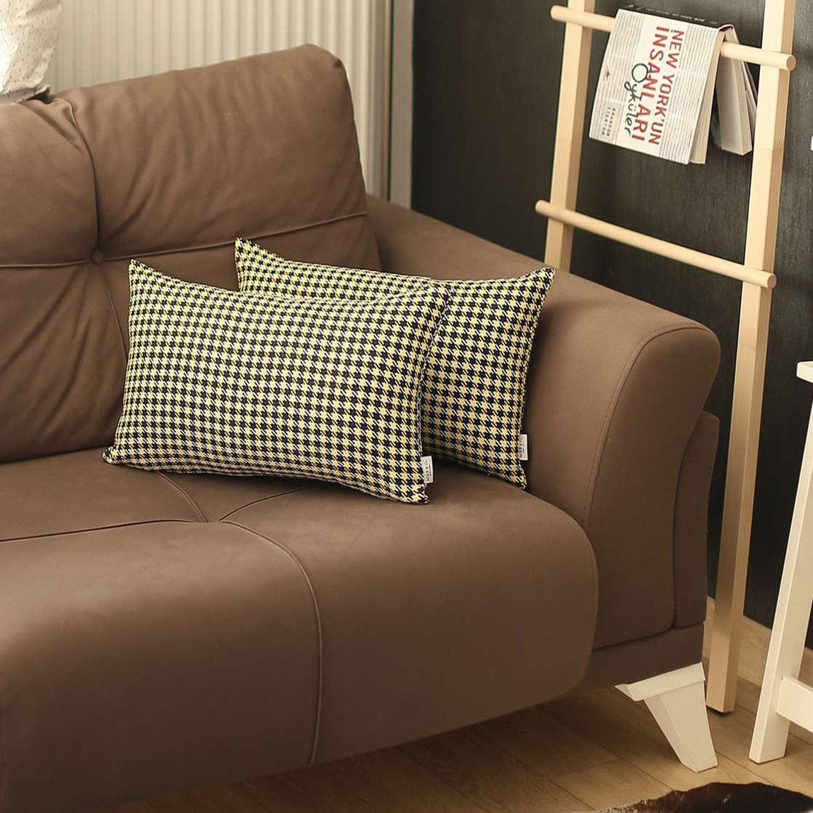 Set Of 2 Yellow Houndstooth Lumbar Pillow Covers