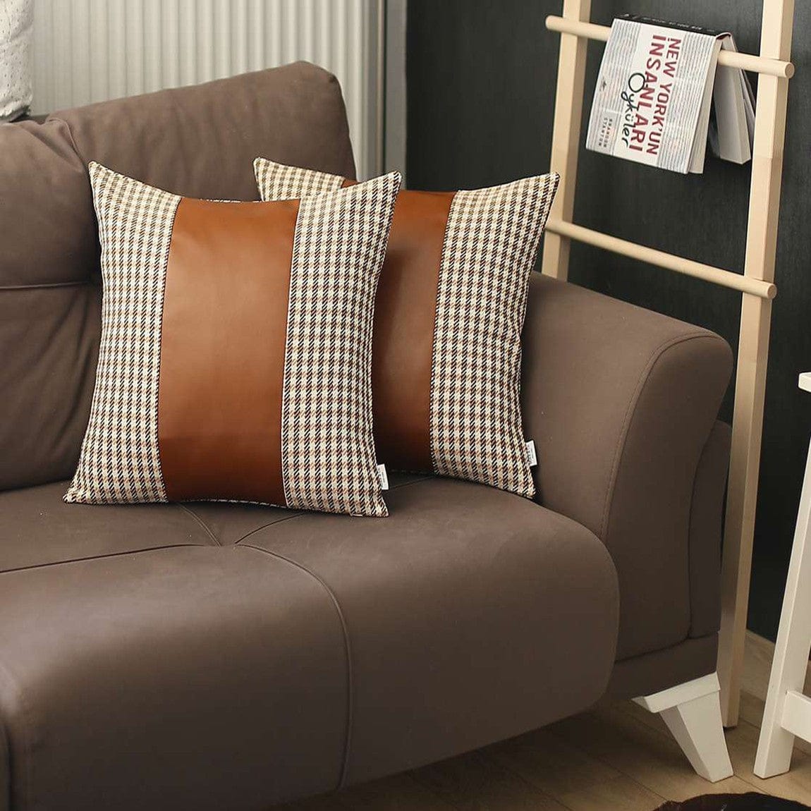 Set Of 2 Brown Checkered Faux Leather Pillow Covers