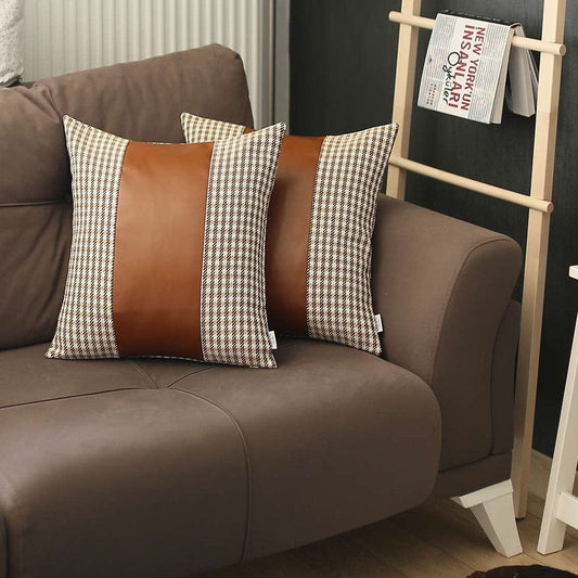 Set Of 2 Brown Checkered Faux Leather Pillow Covers