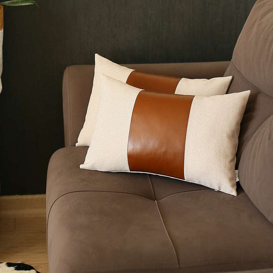 Set Of 2 Brown Faux Leather Lumbar Pillow Covers