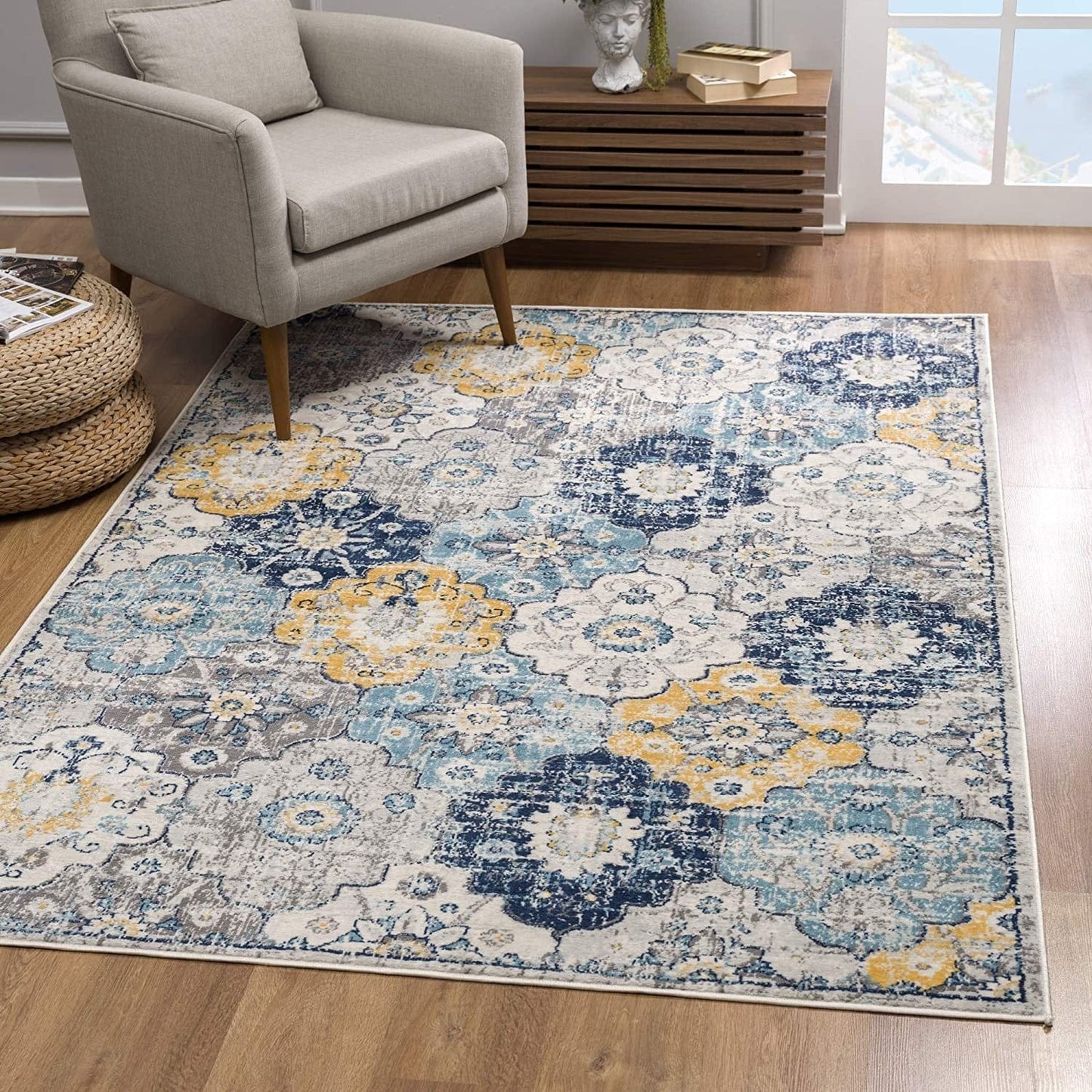 2’ X 10’ Blue Distressed Floral Runner Rug