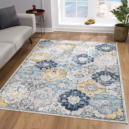 2’ X 10’ Blue Distressed Floral Runner Rug