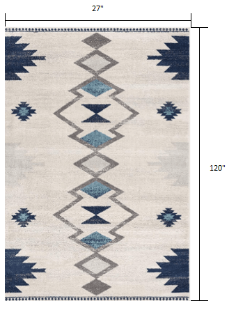 2’ X 10’ Navy And Ivory Tribal Pattern Runner Rug
