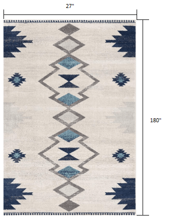 2’ X 10’ Navy And Ivory Tribal Pattern Runner Rug