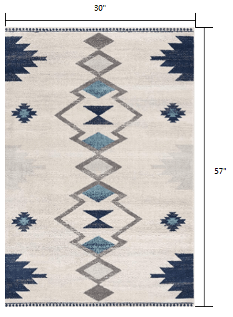 2’ X 10’ Navy And Ivory Tribal Pattern Runner Rug