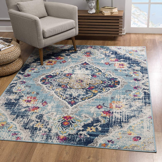2’ X 4’ Blue Distressed Medallion Area Rug