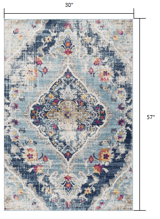 2’ X 4’ Blue Distressed Medallion Area Rug