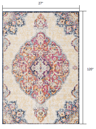 2’ X 10’ Cream Decorative Medallion Runner Rug