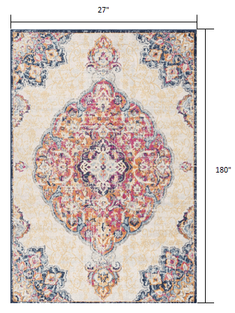 2’ X 10’ Cream Decorative Medallion Runner Rug