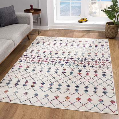 2’ X 4’ White Modern Geometric Grid Area Rug