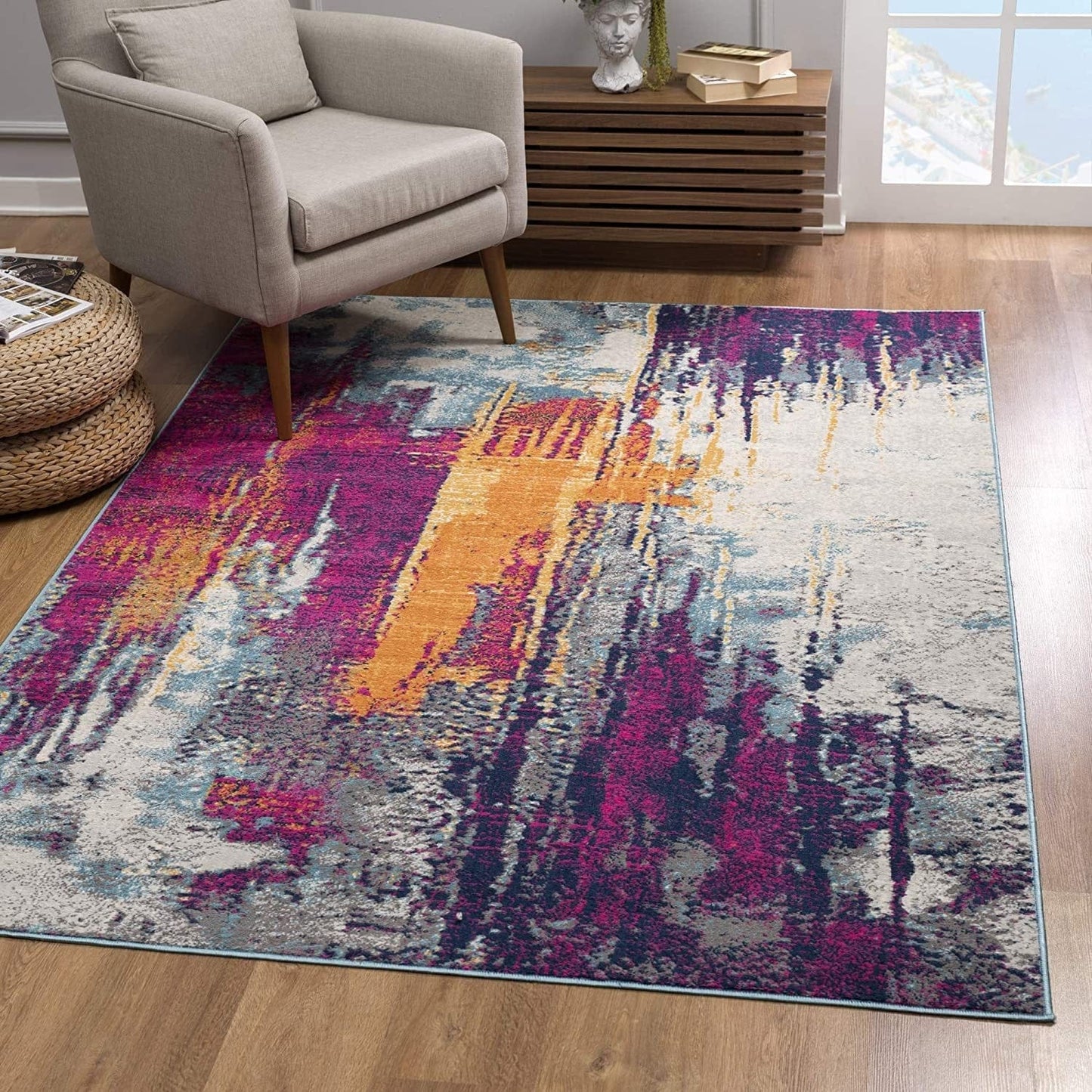 2’ X 10’ Gray And Magenta Abstract Runner Rug
