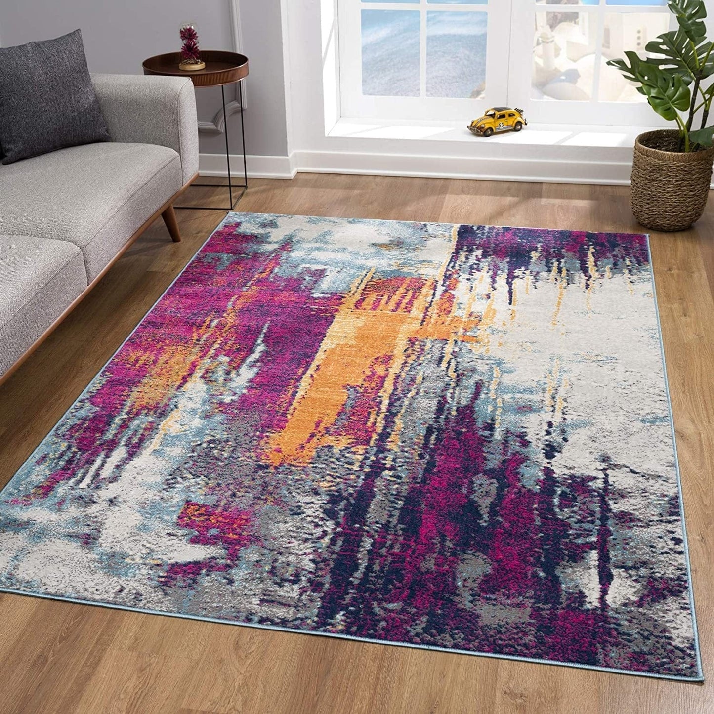 2’ X 10’ Gray And Magenta Abstract Runner Rug