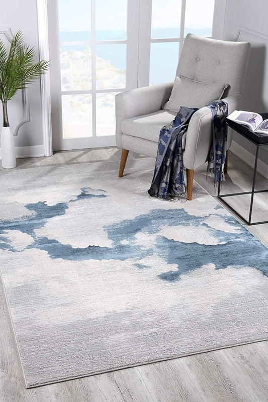 7’ X 10’ Gray And Blue Abstract Clouds Area Rug