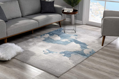 7’ X 10’ Gray And Blue Abstract Clouds Area Rug