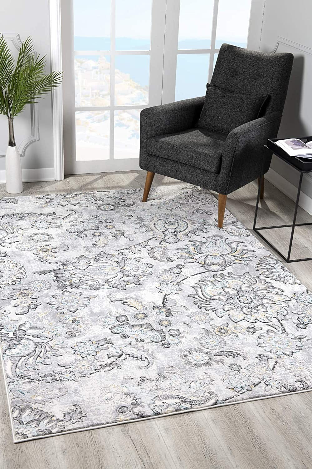 5’ X 8’ Gray Modern Jacobean Floral Area Rug