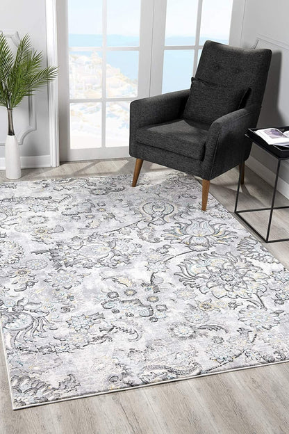 5’ X 8’ Gray Modern Jacobean Floral Area Rug