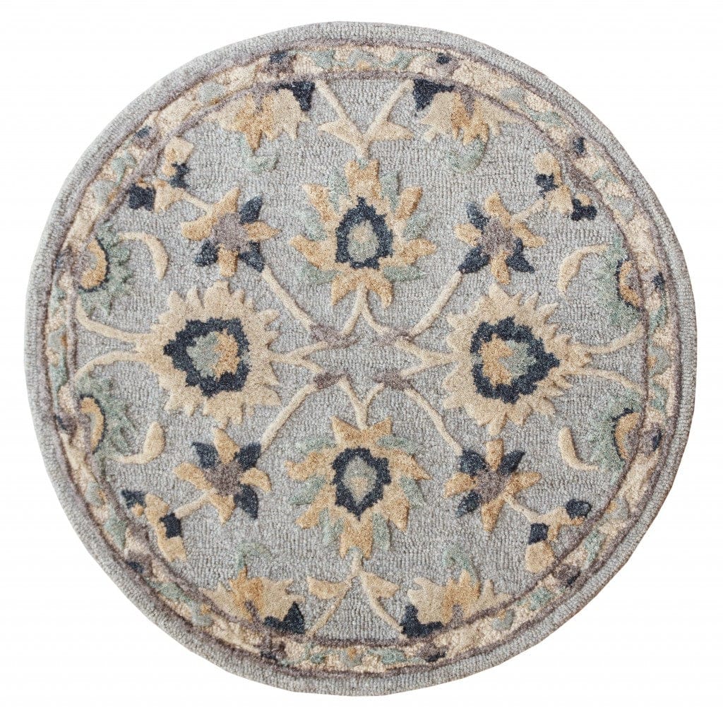 3’ Round Blue And Beige Floral Area Rug
